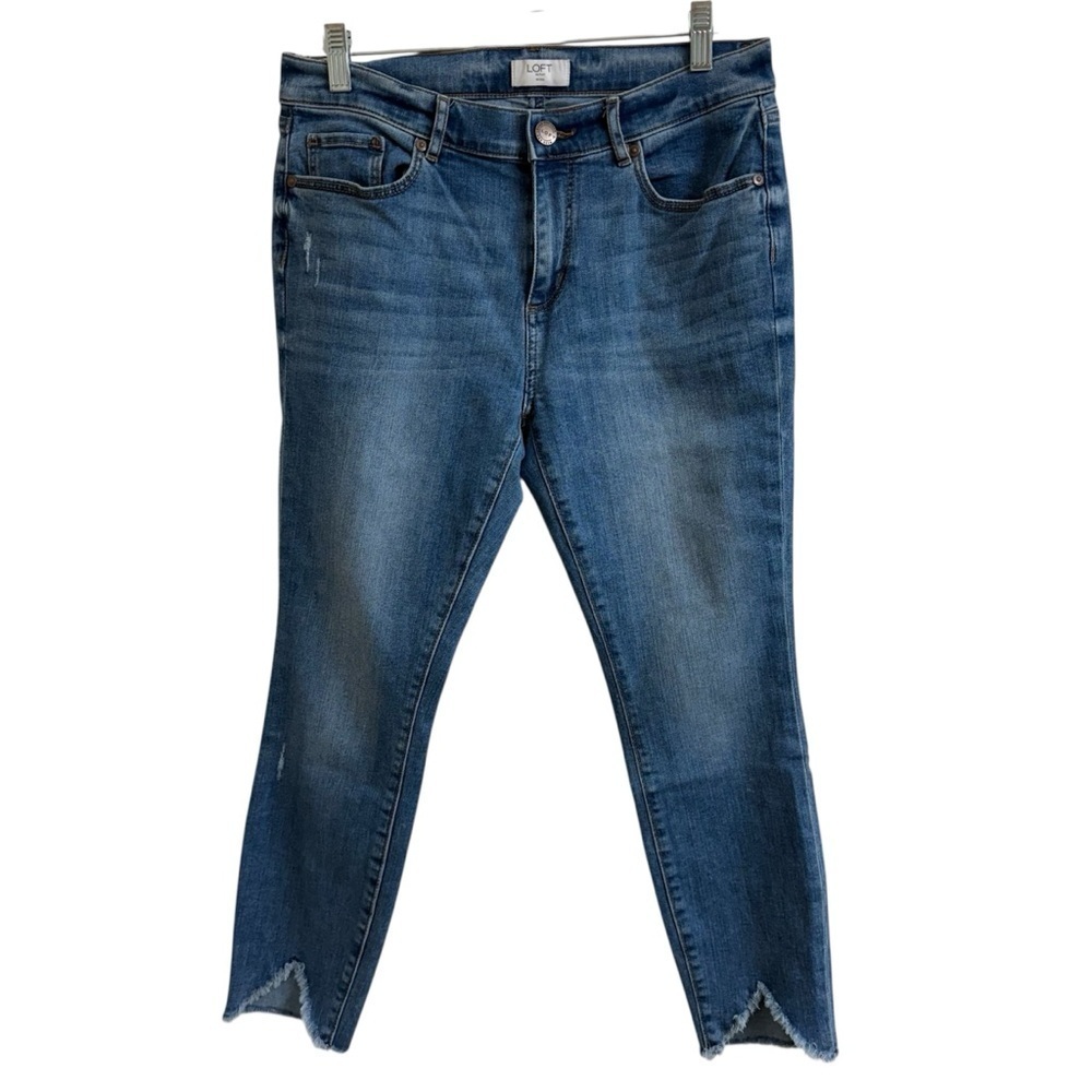 Loft Women Size 8 Petite Modern Skinny Med Wash Mid Rise Tulip Cut Raw Hem Jeans